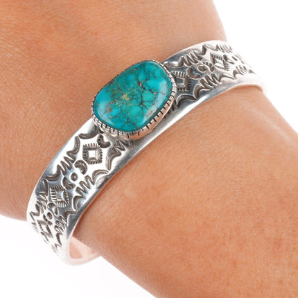 6.25" EN Navajo spiderweb turquoise deep stamped sterling silver cuff bracelet