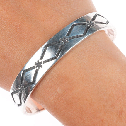 7" Nora Tahe Navajo deep stamped sterling silver sturdy stacker cuff bracelet