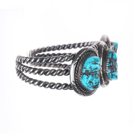 6.2" Vintage Navajo sterling silver twisted wire 3 stone turquoise cuff bracelet
