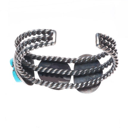 6.2" Vintage Navajo sterling silver twisted wire 3 stone turquoise cuff bracelet