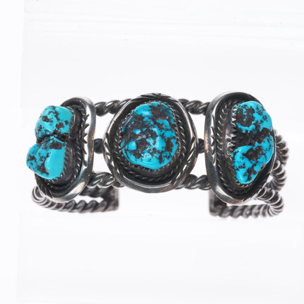 6.2" Vintage Navajo sterling silver twisted wire 3 stone turquoise cuff bracelet