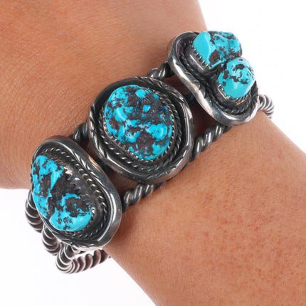 6.2" Vintage Navajo sterling silver twisted wire 3 stone turquoise cuff bracelet