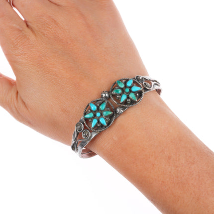 6.4" 1940's Zuni sterling silver star design petit point turquoise cuff bracelet