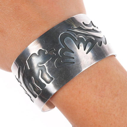 6.6" Wilbur Anderson Navajo sterling silver bear overlay wide cuff bracelet