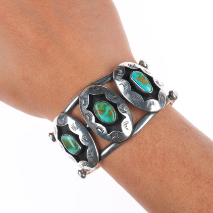 6.6" Vintage Navajo sterling silver Royston Turquoise shadowbox cuff bracelet