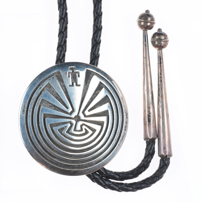 Vintage G Navajo or Hopi sterling silver "Man in the Maze" bolo tie