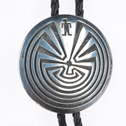 Vintage G Navajo or Hopi sterling silver "Man in the Maze" bolo tie