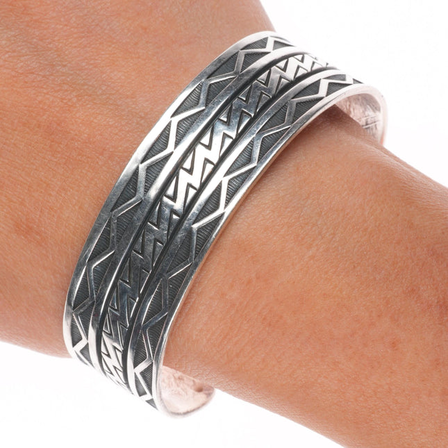 7" Seth Brown Taos pueblo heavility stamped sterling silver cuff bracelet
