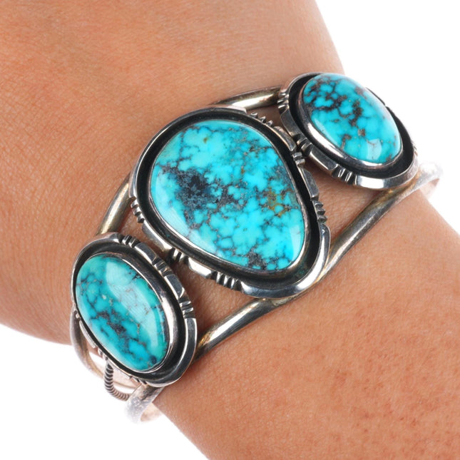 6.75" Vintage Navajo high grade turquoise sterling silver 3 stone cuff bracelet