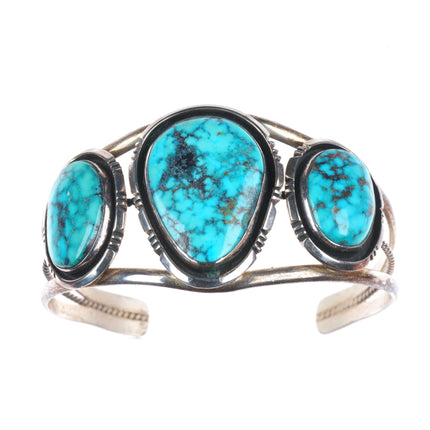 6.75" Vintage Navajo high grade turquoise sterling silver 3 stone cuff bracelet
