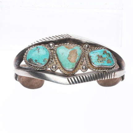 7" Vintage Navajo or Zuni sterling silver chiseled cast turquoise cuff bracelet