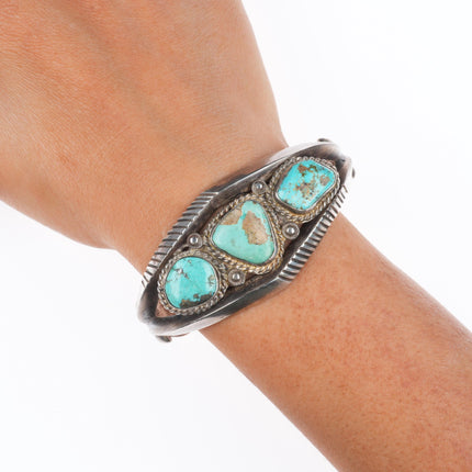 7" Vintage Navajo or Zuni sterling silver chiseled cast turquoise cuff bracelet