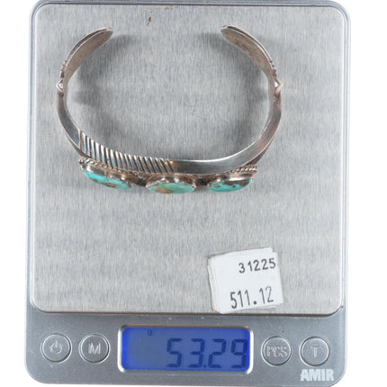 7" Vintage Navajo or Zuni sterling silver chiseled cast turquoise cuff bracelet