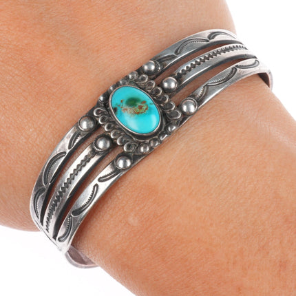 6.2" c1940 Navajo sterling silver hand stamped cuff bracelet with nice turquoise