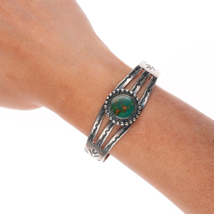 6.4" 40's-50's Fred Harvey sterling silver cuff bracelet w/ nice green turquoise