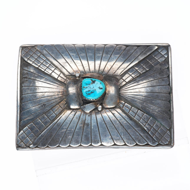 Vintage Robert Shakey Navajo sterling silver square belt buckle with turquoise
