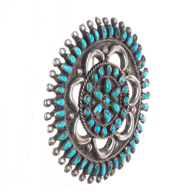 40's-50's Large Zuni needlepoint turquoise sterling silver repousse pin/brooch