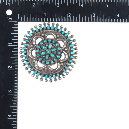 40's-50's Large Zuni needlepoint turquoise sterling silver repousse pin/brooch