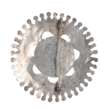 40's-50's Large Zuni needlepoint turquoise sterling silver repousse pin/brooch