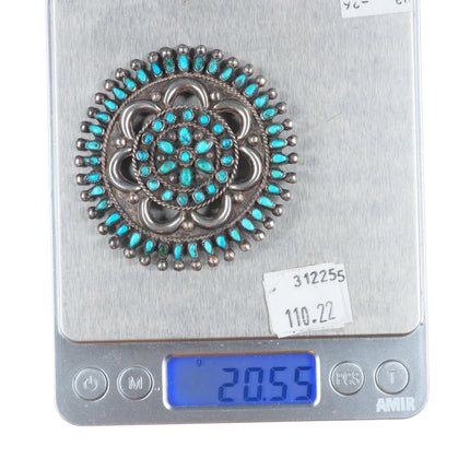 40's-50's Large Zuni needlepoint turquoise sterling silver repousse pin/brooch