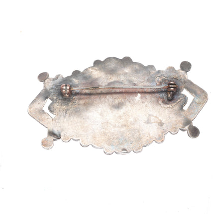c1930's Zuni ingot/sterling silver turquoise cluster pin w/repousse/wirework