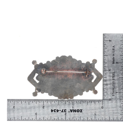 c1930's Zuni ingot/sterling silver turquoise cluster pin w/repousse/wirework