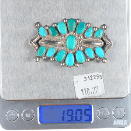 c1930's Zuni ingot/sterling silver turquoise cluster pin w/repousse/wirework