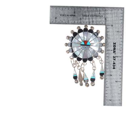 Abel Soseeah Zuni sterling silver shell/jet/turquoise inlay sunface pendant/pin