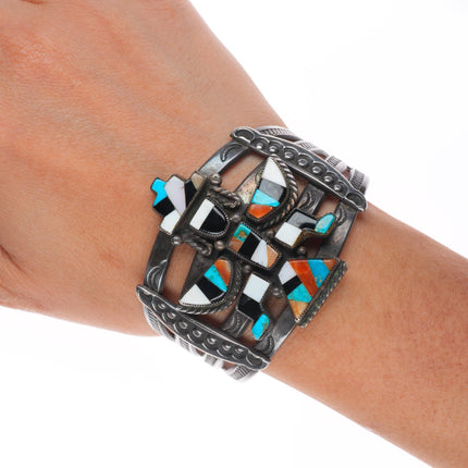 6.25" c1940's Zuni sterling silver multi-stone inlay knifewing cuff bracelet