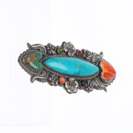 Leland Yazzie Navajo sterling silver turquoise spiny oyster hearts pin/brooch