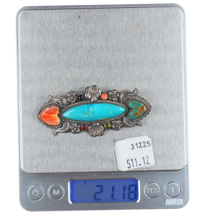 Leland Yazzie Navajo sterling silver turquoise spiny oyster hearts pin/brooch