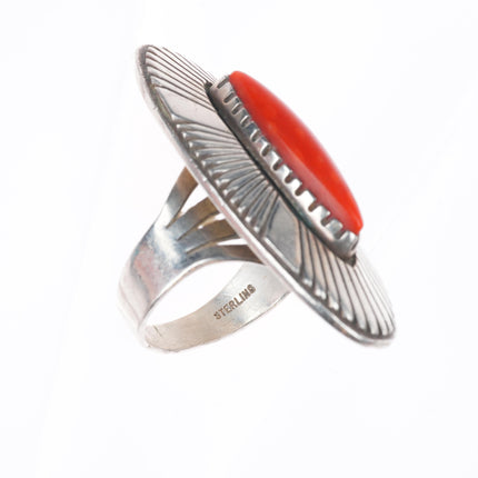 sz7.5 Kee Nez Navajo sterling silver modernist Mediterranean coral ring