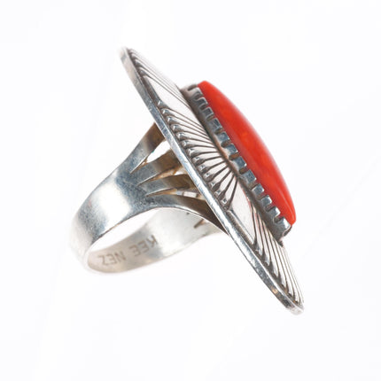 sz7.5 Kee Nez Navajo sterling silver modernist Mediterranean coral ring