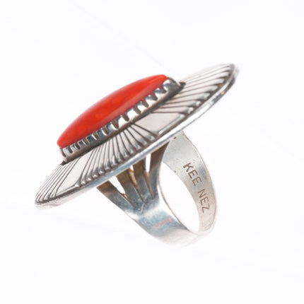 sz7.5 Kee Nez Navajo sterling silver modernist Mediterranean coral ring
