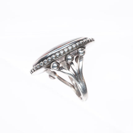 sz7 30's-40's Navajo sterling silver petrified wood agate beaded bezel ring