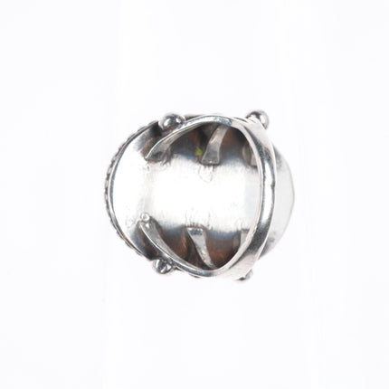 sz7 30's-40's Navajo sterling silver petrified wood agate beaded bezel ring