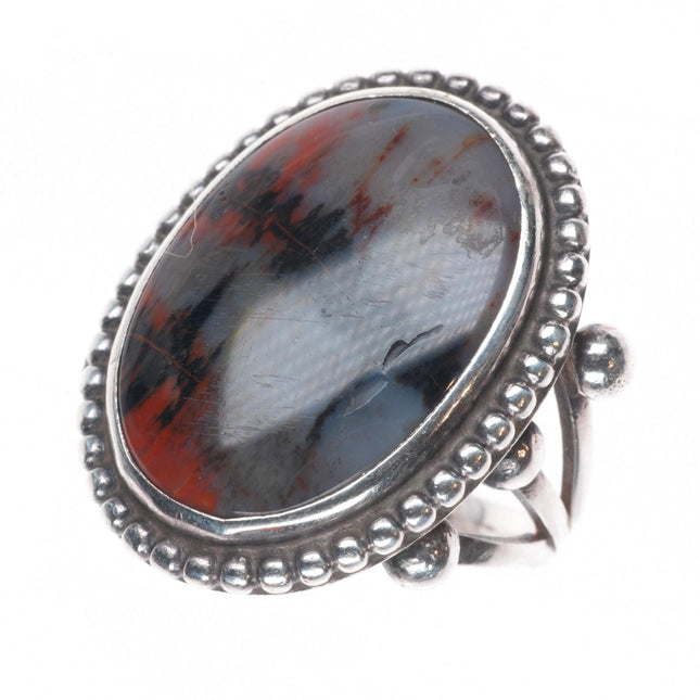 sz7 30's-40's Navajo sterling silver petrified wood agate beaded bezel ring