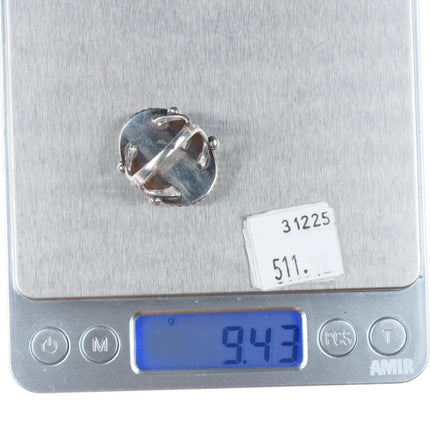 sz7 30's-40's Navajo sterling silver petrified wood agate beaded bezel ring