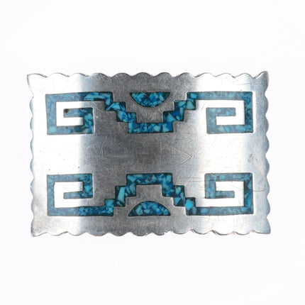 Vintage Mexican sterling silver chip inlay turquoise belt buckle