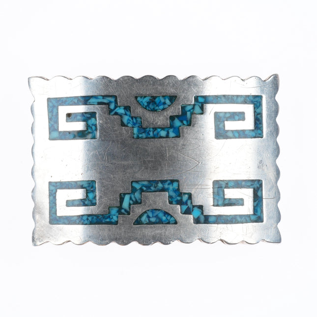 Vintage Mexican sterling silver chip inlay turquoise belt buckle