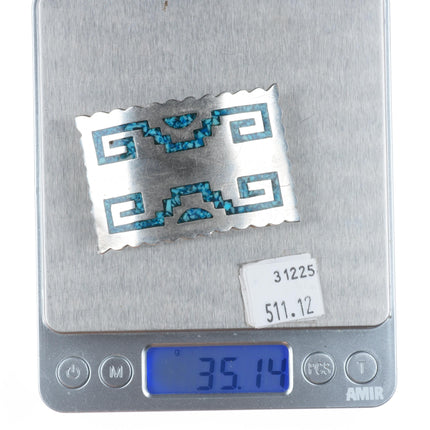 Vintage Mexican sterling silver chip inlay turquoise belt buckle