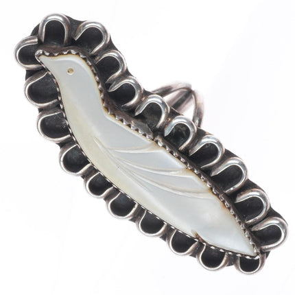 sz7 Vintage Zuni carved shell fetish sterling silver long bird ring
