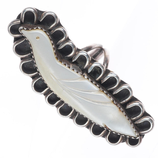sz7 Vintage Zuni carved shell fetish sterling silver long bird ring