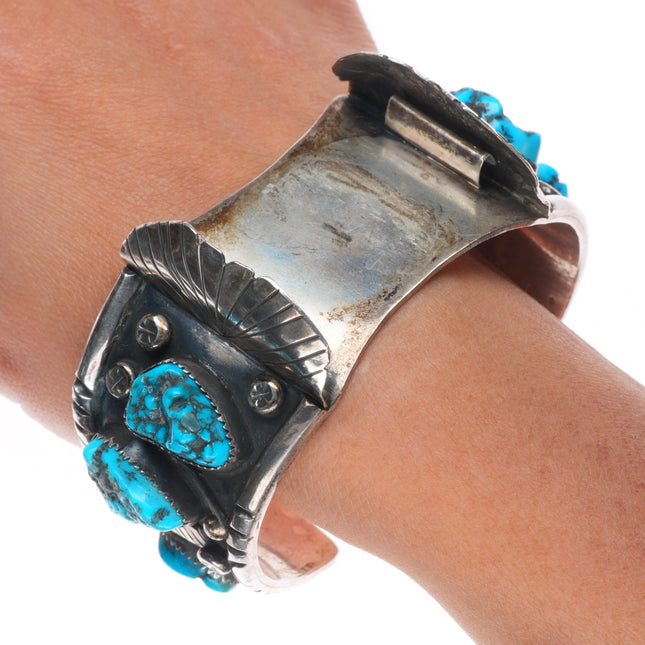 7.25" Vintage Navajo sterling silver turquoise nugget large watch cuff bracelet