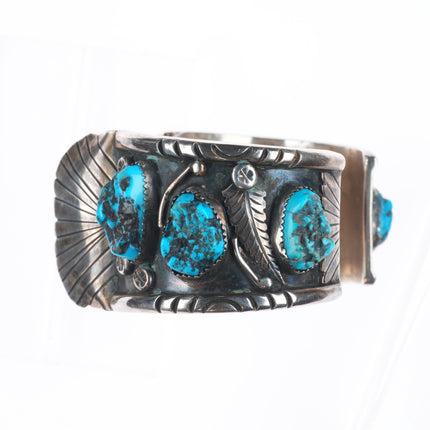 7.25" Vintage Navajo sterling silver turquoise nugget large watch cuff bracelet