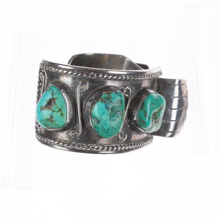 7.1" Vintage Navajo sterling silver turquoise nugget large watch cuff bracelet