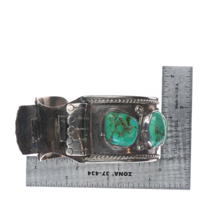 7.1" Vintage Navajo sterling silver turquoise nugget large watch cuff bracelet