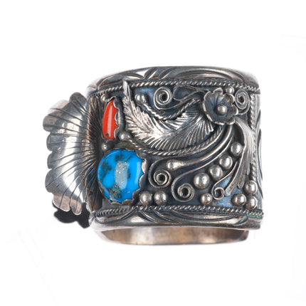 7.25" M Chee Navajo Pyrite turquoise/coral Sterling silver watch cuff bracelet