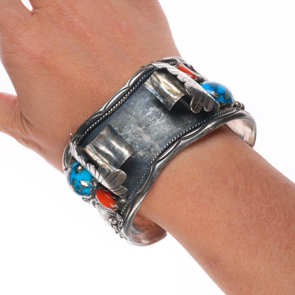 7.25" M Chee Navajo Pyrite turquoise/coral Sterling silver watch cuff bracelet