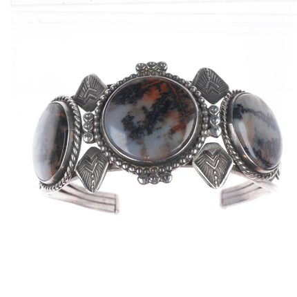 6.6" 1940's Navajo stamped sterling silver petrified wood agate cuff bracelet